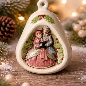Vintage Ceramic Bell Ornament Victorian Carolers Christmas Holly Scene 3.5”No
